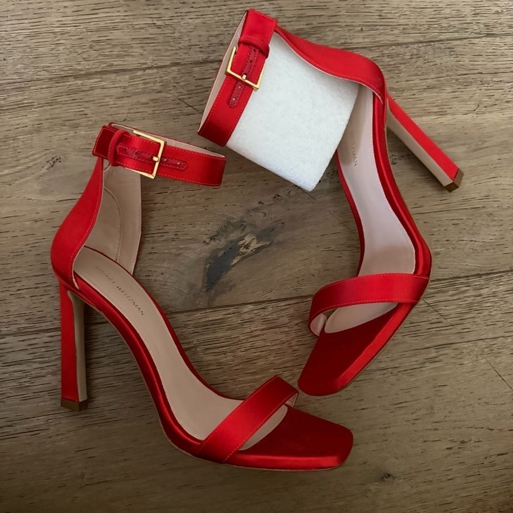 Stuart Weitzman Red Satin Heels with Ankle Strap